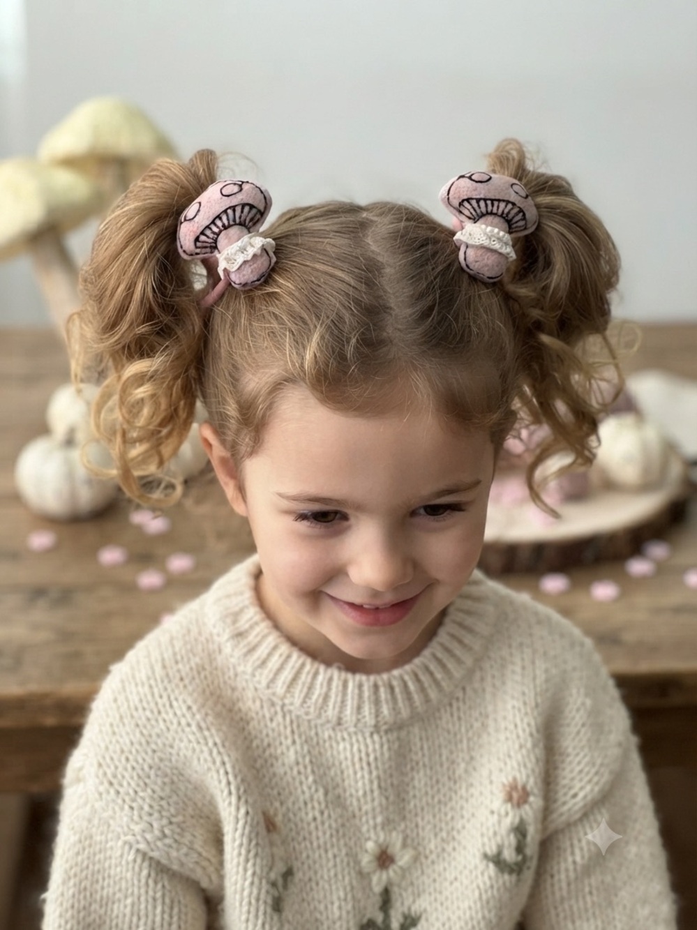 Handmade Pink Mushroom Hair Bow Ties with Pearl & Lace Collar